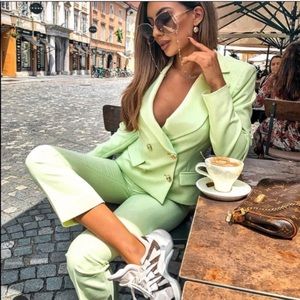 Zara Light Green Cropped Double Breasted Blazer